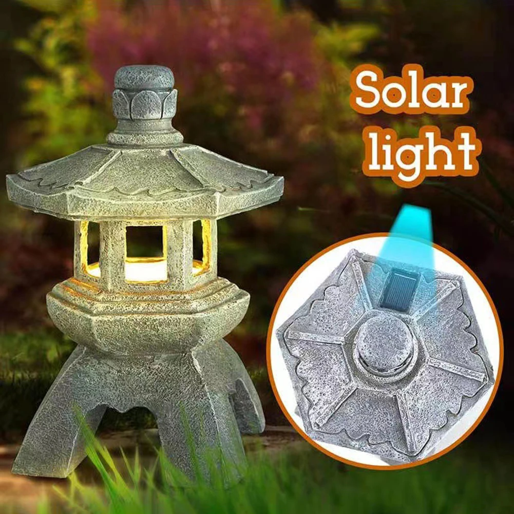 Solar LED Stone Pagoda Lantern Waterproof Resin Tower Statue Light Non-Fading Stone Tower Ornaments Durable for Balcony Driveway