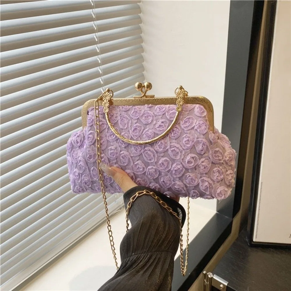 

Chain Party Banquet Bag Korean Style Flower Kiss Lock Shoulder Bag Handheld Large Capacity Crossbody Bag Photography Props