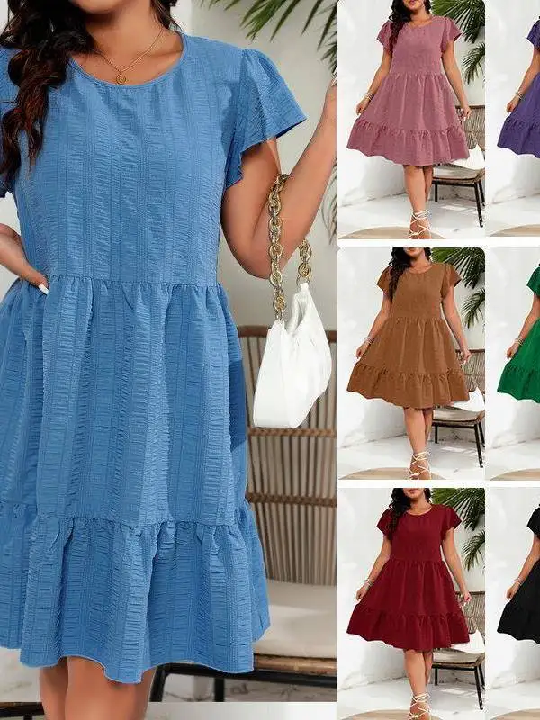 

Summer Casual Cake Dr Women's plus Size Dr with Pleated Sves Waist Cinching Midi Dr Polyester Fiber ort Sve ...