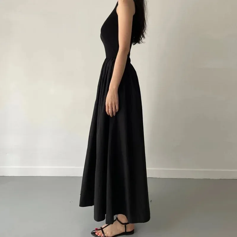 New Summer Simple Elegant Black Long Dresses For Women Round Neck Sleeveless High Waist Temperament Female Fashion Style Dress