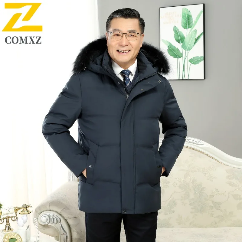 COMXZ Luxury Men Down Jacket Fur Collar Hooded Outdoor Work Cold Protection Puffer Coat Solid Color Travel Windproof Winter Coat