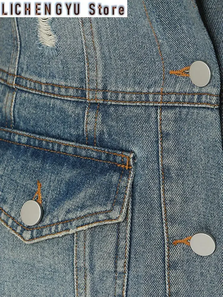 Loose Fit Black Denim Color-block Long Jacket New Lapel Long Sleeve Women Coat Fashion Tide Spring Autumn