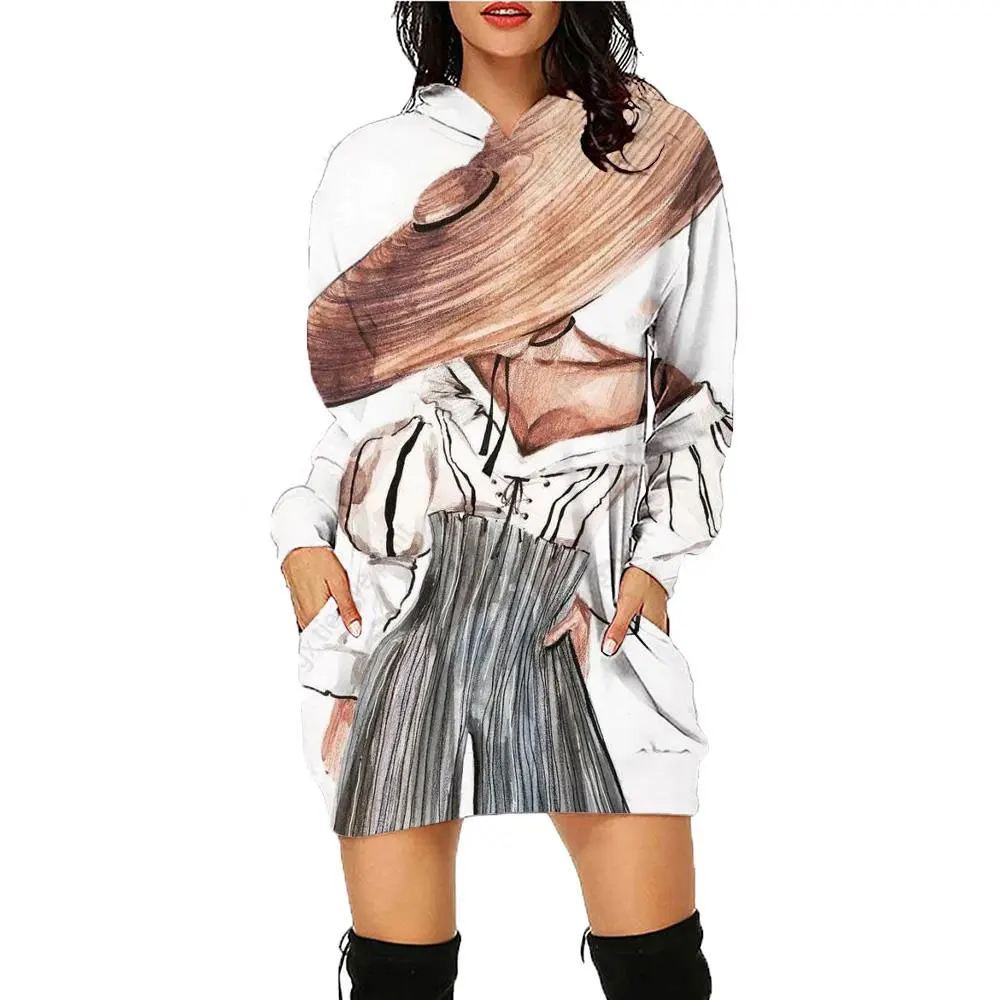 New 3D sexy women's printed retro casual fashion dress autumn multifunctional retro loose long sleeved pullover sweatshirt dress