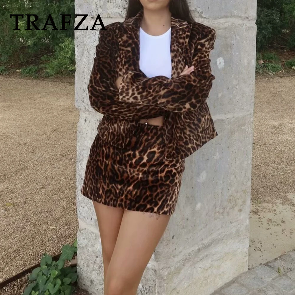 Trafza moda 2024 outono inverno leopardo feminino terno jaqueta de rua alta elegante blzaer + bainha mini saia chique sexy conjuntos festa