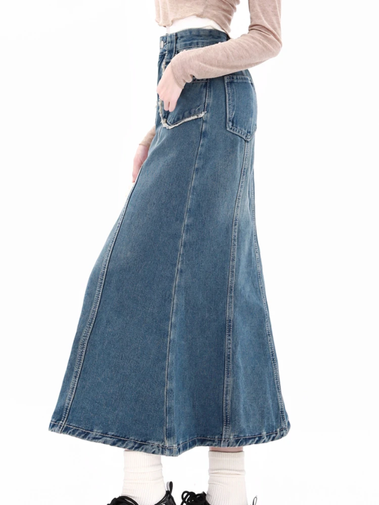 S-5XL Gonne di jeans Donna Tasca Tromba Do Old Fashion All-match Casual Quotidiano Estate Semplice a metà polpaccio Solido Stile coreano Faldas