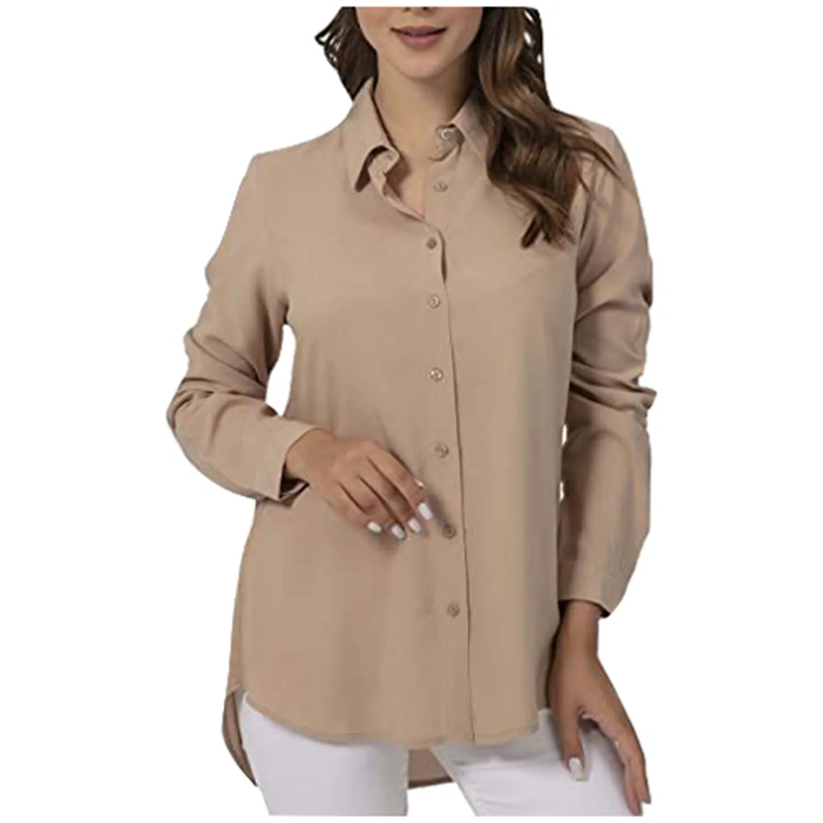 

New Women Summer Loose Casual Shirts Blusas Solid Long Sleeve Shirt Button Solid Color Asymmetric Ladies Blouse Top Plus Size