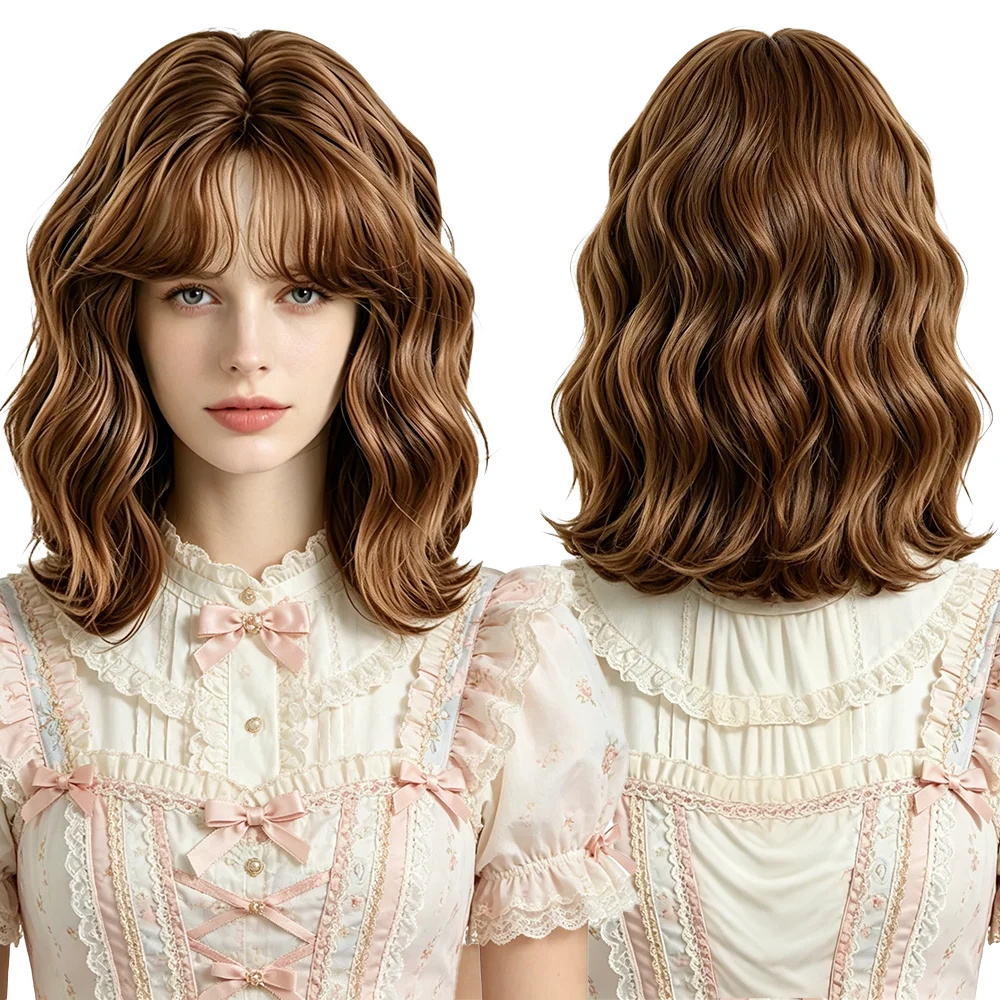 Caramel Warm Brown Short Wavy Bob Wig For Women Layered Cut Natural Curl Heat Resistant Synthetic Wig Cosplay Party Daily Use