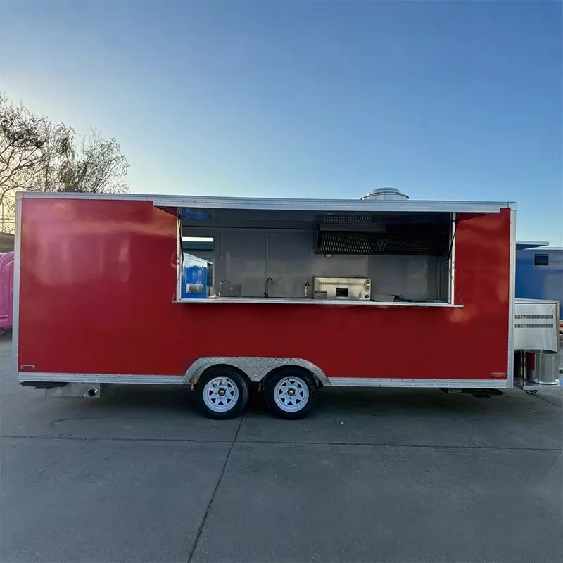 مقطورة طعام متنقلة للوجبات الخفيفة للبيع مطبخ كامل مع عربة متنقلة لتقديم الطعام والوجبات السريعة والبرجر هوت دوج بيتزا والقهوة