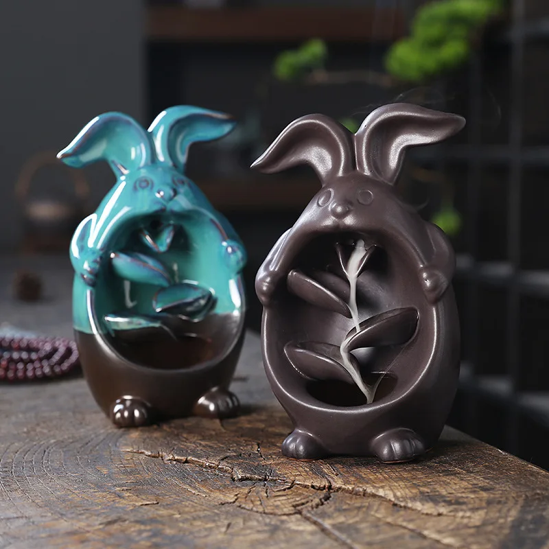 Cute Animals Desktop Ornaments Ceramics Rabbits Backflow Incense Burner, Fountain With 20 Incense, Indoor Aromatherapy