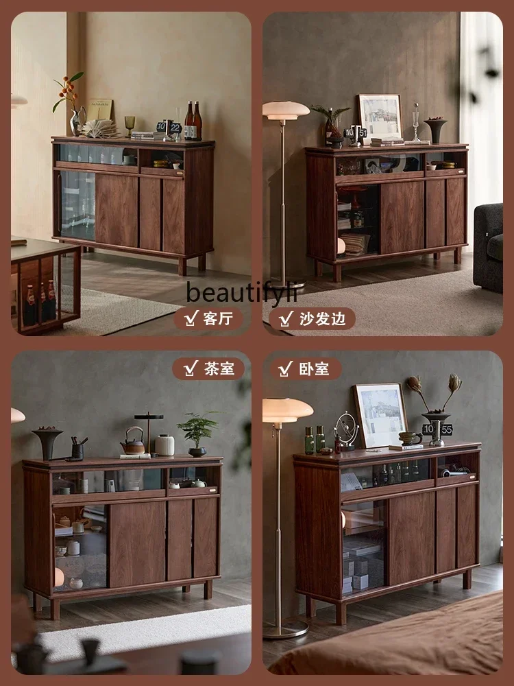 

Solid wood low dining side cabinet integrated against the wall large-capacity storage cabinet Black walnut wine cabinet07