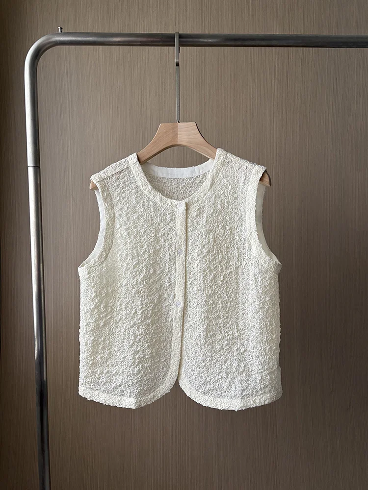 

Шелковый летний жилет с круглым вырезом, новинка моды, на одной пуговице, с текстурой, складками, однотонный, стандартной длины, для повседневной носки