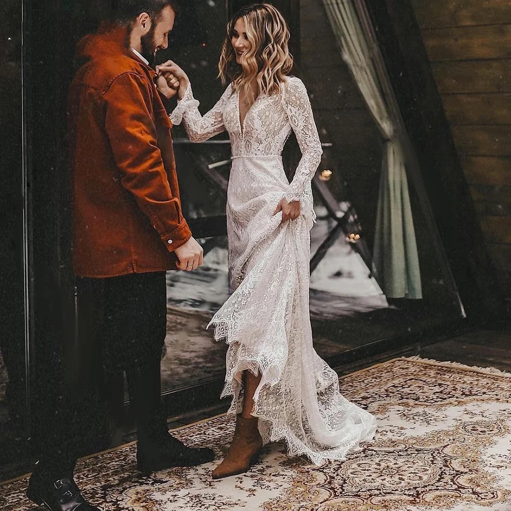 Customized Boho Long Sleeves WeddingDress Deep V Neck Open Back Modest Rustic Civil Bridal Gown 2025Floral Lace Vestido de nov