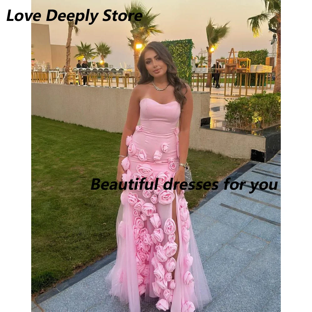 

Pink Evening Dresses for Women Sweetheart Neck 3D Flowers Pleat Floor Length Mermaid Prom Gown Elegant Party Dress Customized