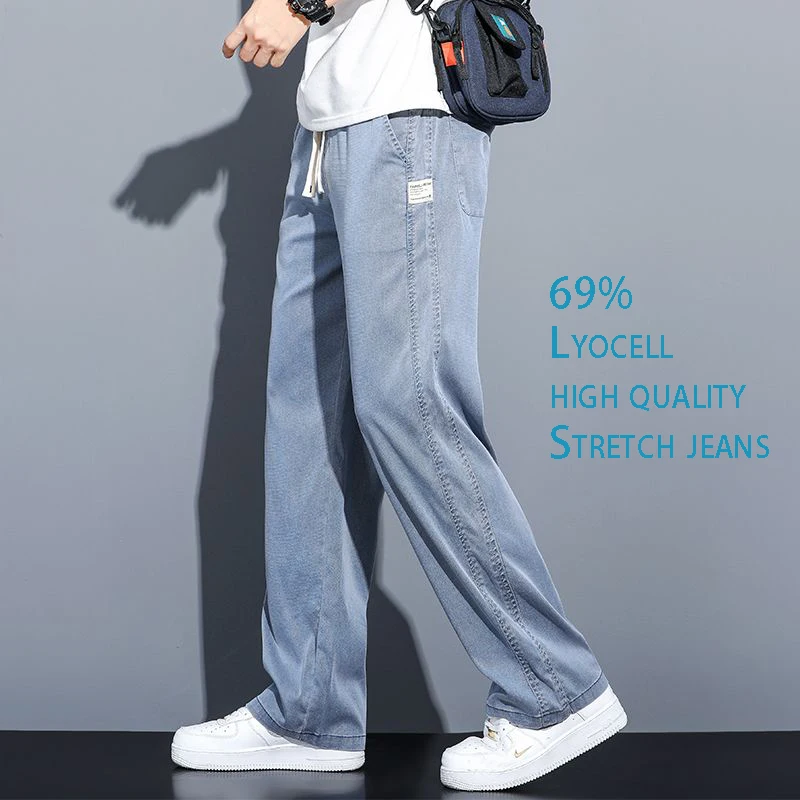 New Lyocell Men's Straight Leg Elastic Denim Pants Spring Summer Thin Fit Breathable Simple Casual Daily Wear