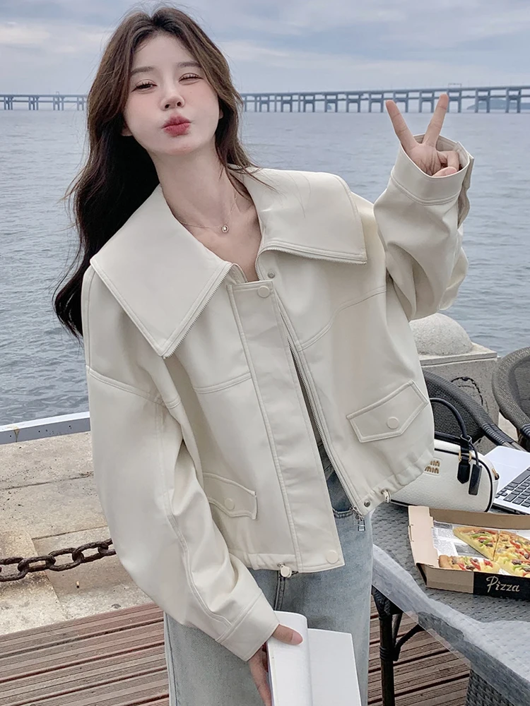 Sweet Chic Jacket Women Loose Preppy Style Fashion Elegant Short Coat Fall Long Sleeve Big Turn Down Collar Zipper Outwear Tops