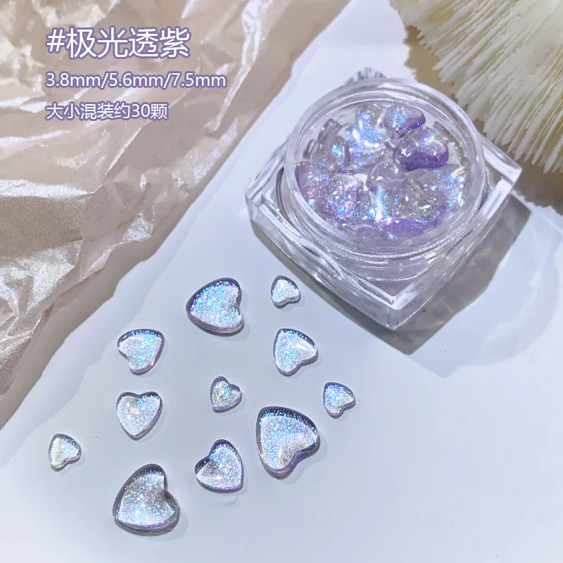 Diamantes de imitación de fondo plano para manicura, purpurina 3D con diseño de Aurora, corazón de amor, Sinfonía, 6/8mm, 40/30 piezas