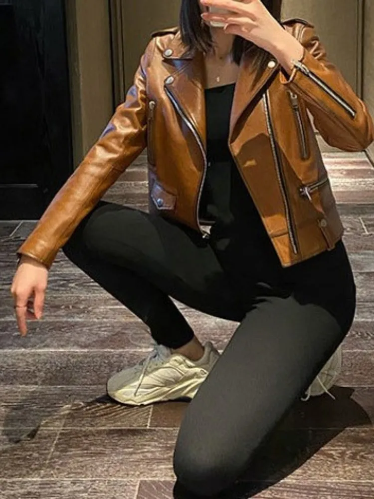 Leisure Style Solid Color Genuine Leather Zipper Top Quality Jacket Slim Sheepskin Long Sleeves Ladies Motorcycle Outerwear