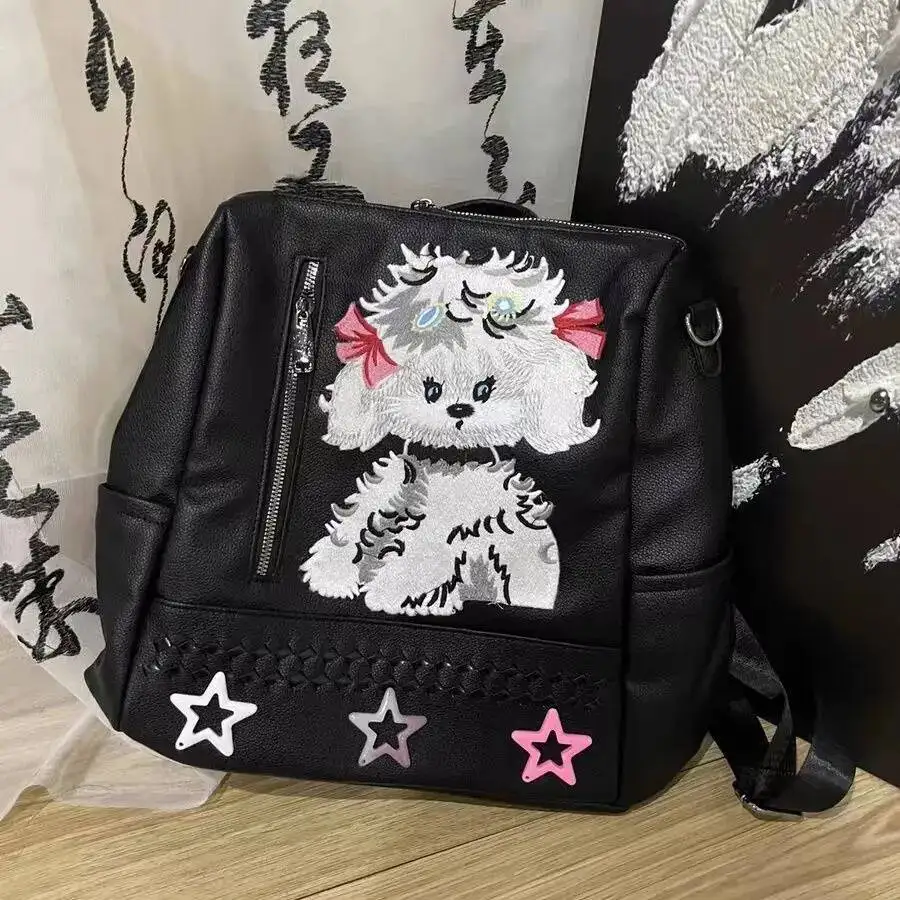 

Bloom Vintage Black Y2k Backpack Women Hot Girls Dog Star Chic Leather Schoolbag Female Retro Haruku Messenger Bag Aesthetic