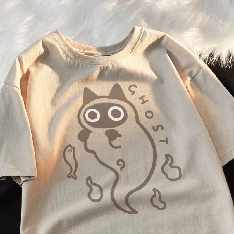 Ghost Cat Loose Short Sleeved T-shirt for Men Women Original Japanese Fashion Brand Couple Pure Cat Transparent Ghost Cat