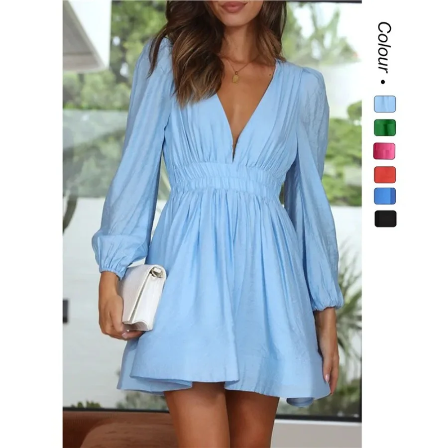 

【Новый стиль】Модное платье для женщин 25 лет: облегающее, с глубоким V-образным вырезом, складками на талии, длинными рукавами, в европейском и американском стиле - 23039