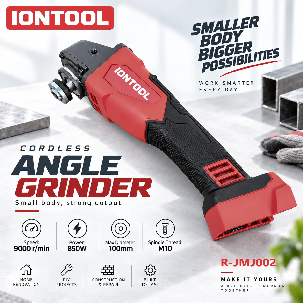 IONTOOL Red 850W 100mm Power Tools Cordless Angle Grinder for Wood Sanding Surface Polishing and Garage Workshop Tool