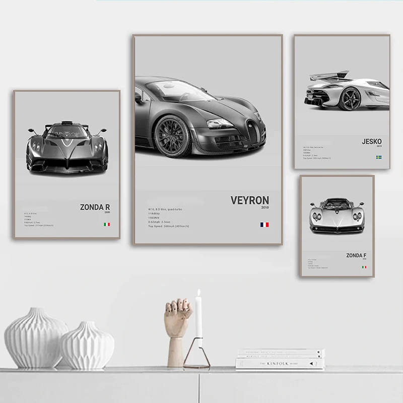 JESKO VEYRON DBS NSX coche deportivo clásico, diseño moderno, póster de arte gris, decoración del hogar, pintura en lienzo, arte de pared