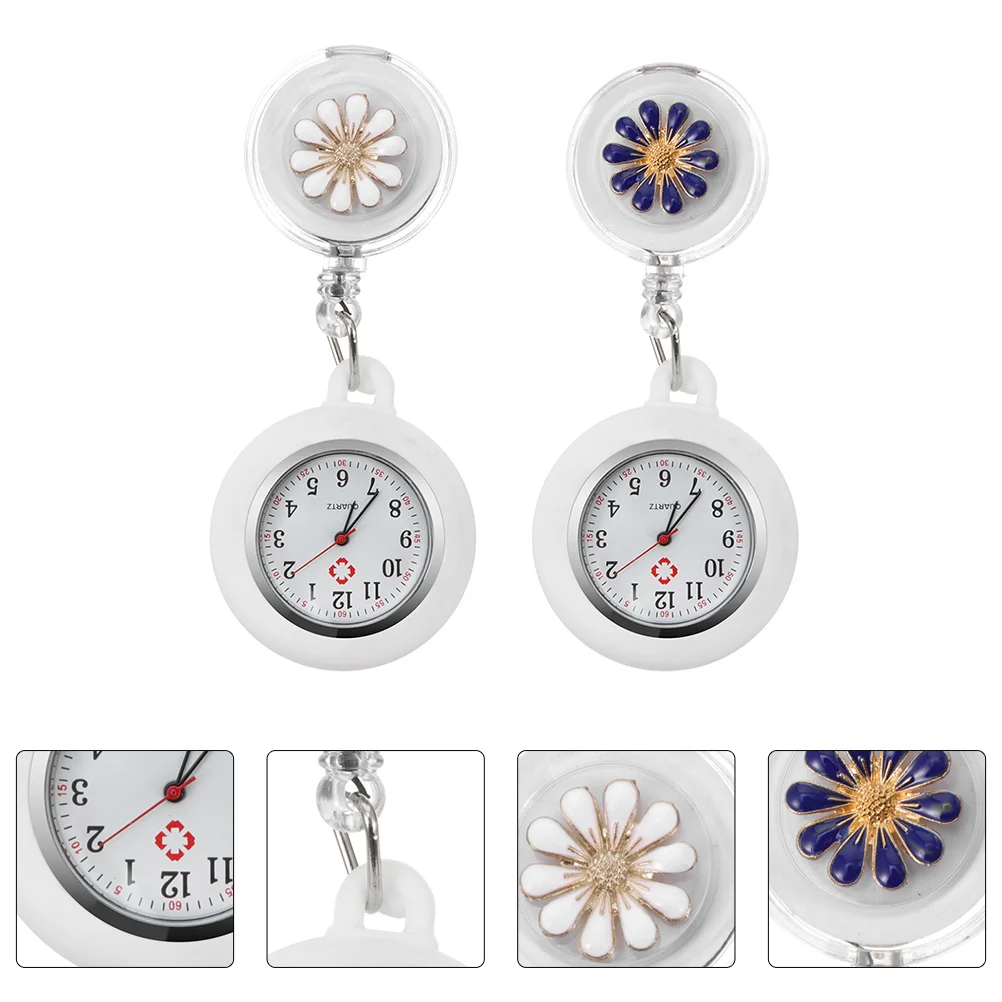 

2pcs Pocket Watch Lovely Flower Pattern Clip-On Design Portable For Nurses Doctors Medical Staff Gift Retractable Hanging