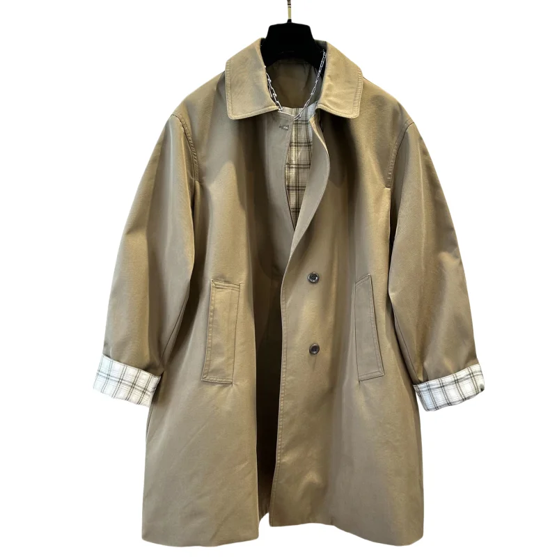 SuperAen Korean Contrasting Color Plaid Lapel Medium and Long Trench Women's Coat Loose Fashion Coat