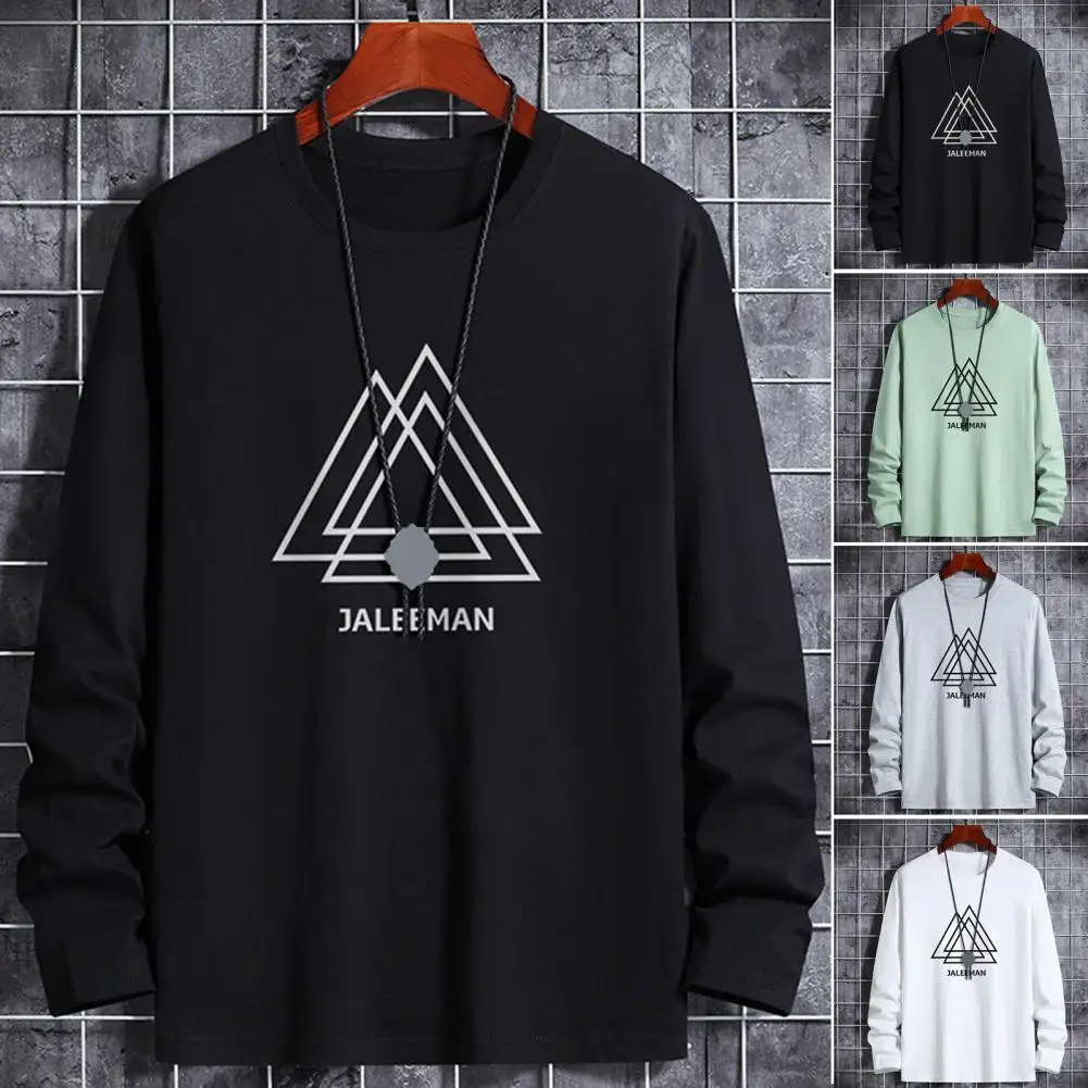 Fall Winter Men Top O Neck Long Sleeve Geometric Triangle Print Loose Mid Length Pullover Soft Warm Male T-shirt Sweatshirt