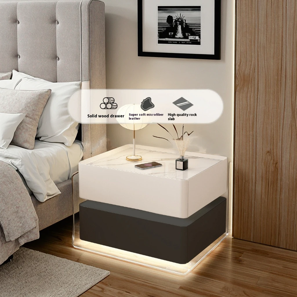 طاولة سرير ذكية حديثة وبسيطة من الخشب الصلب مع بلوتوث شحن لاسلكي فاخر متعدد الوظائف لغرفة النوم أو غرفة المعيشة