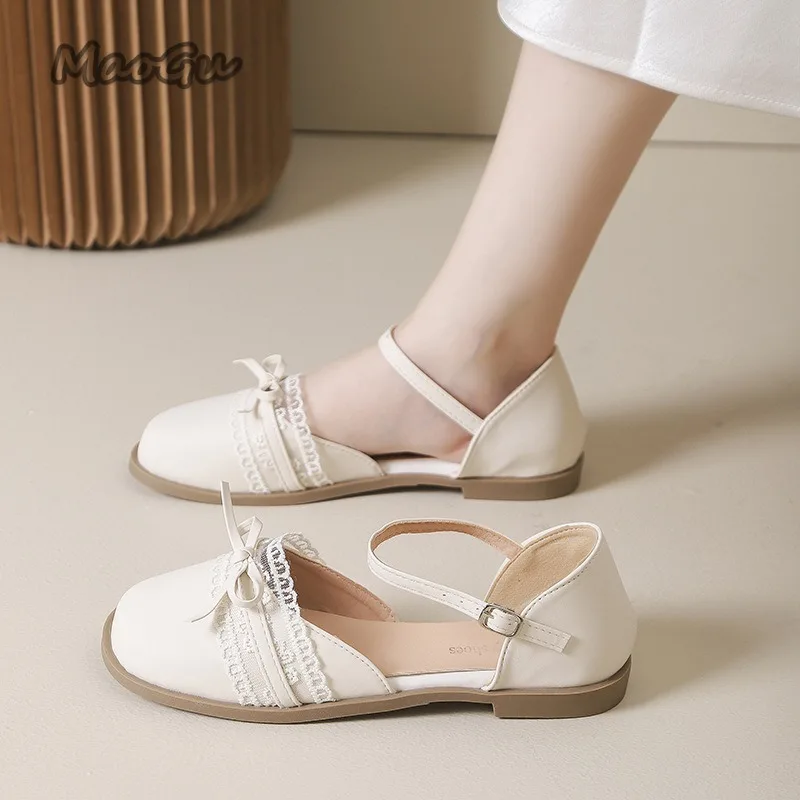 

Spring Autumn Women's Low Heel Pumps French Beige Lace Cover Toe Ankle Strap Sandals Ladies Comfortable Shoes for Women Size 35