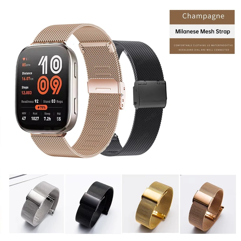 Bracelet en acier inoxydable milanais respirant, 20mm 22mm, pour Huami Amazfit Bip 6 / Bip 5 / Unity / Bip 3 Pro S U Lite /GTS 4 3 2 mini