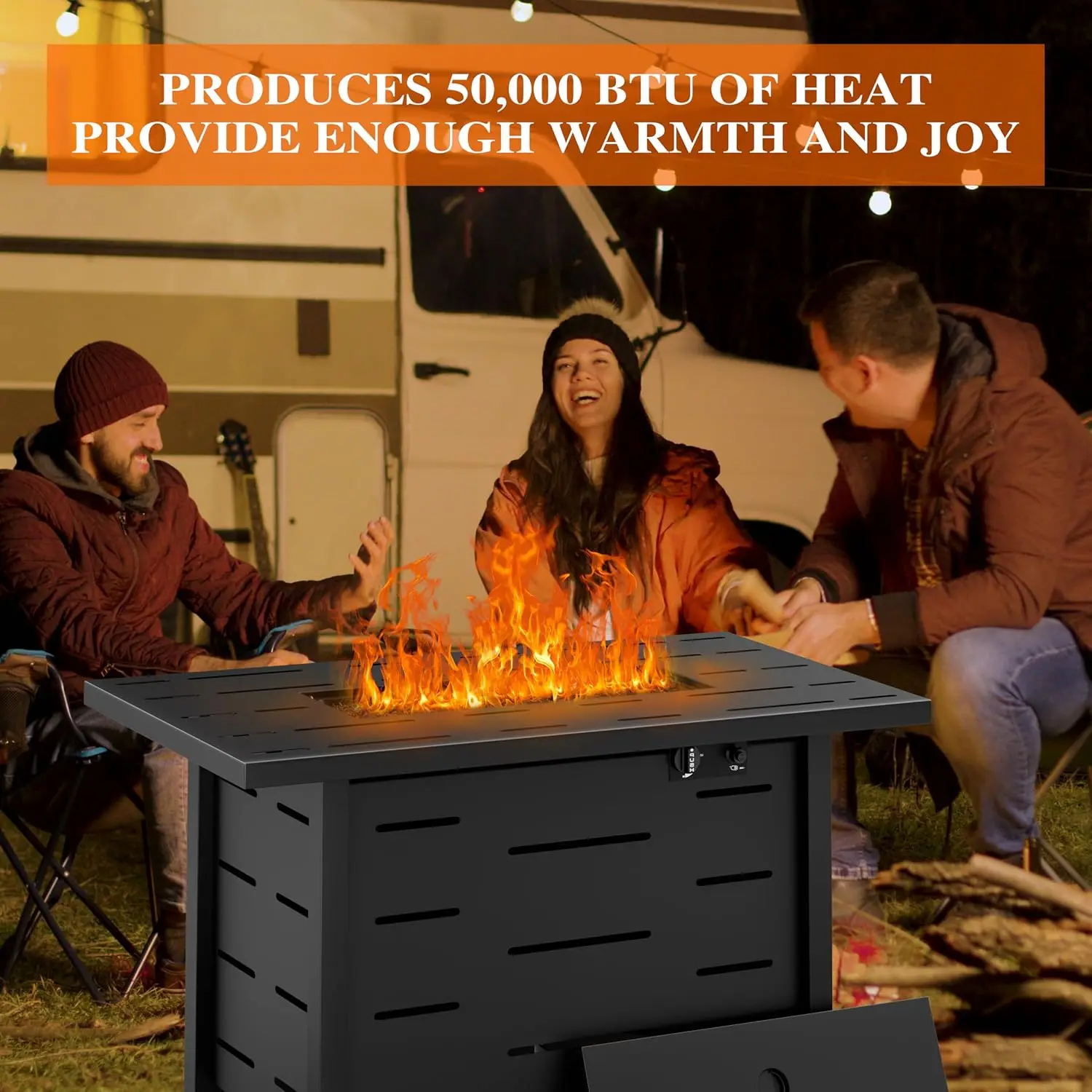 43 Inch Outdoor Propane Fire Pit Table 50000 BTU Gas Fire Pit With Lid Waterproof Cover Heavy Duty Steel Rectangle Firepit For Garden Patio Black 1 Pack