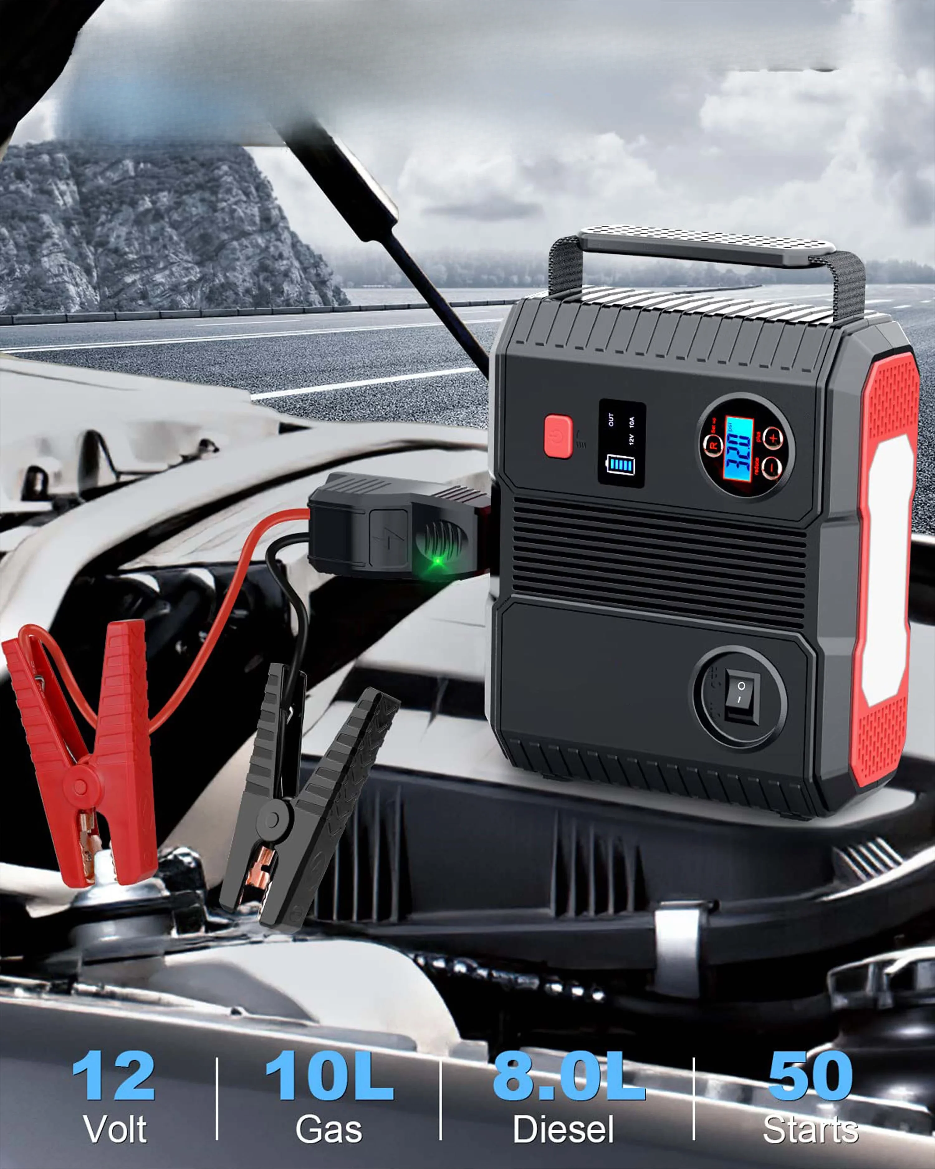 3000A Jump Starter Air Pump 24000mAh 12V Auto Battery Booster (All Gas/ 8LDiesel Engine) 2 USB Port