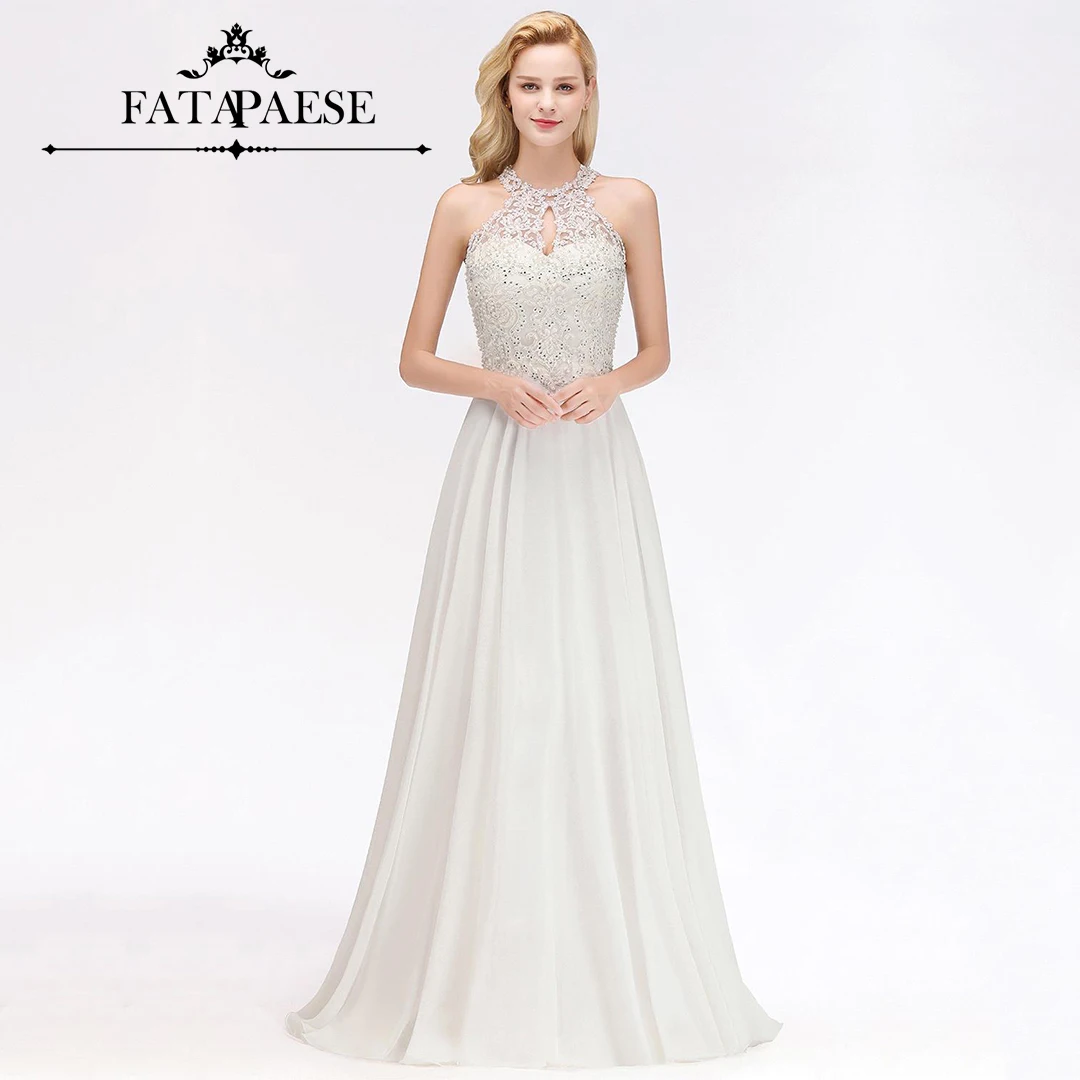 

FATAPAESE Wedding Dresses Halter-Neckline Appqulies Stones Bodice Sleeveless Cover Back A-line MaxiChiffon Wedding Ball Gowns