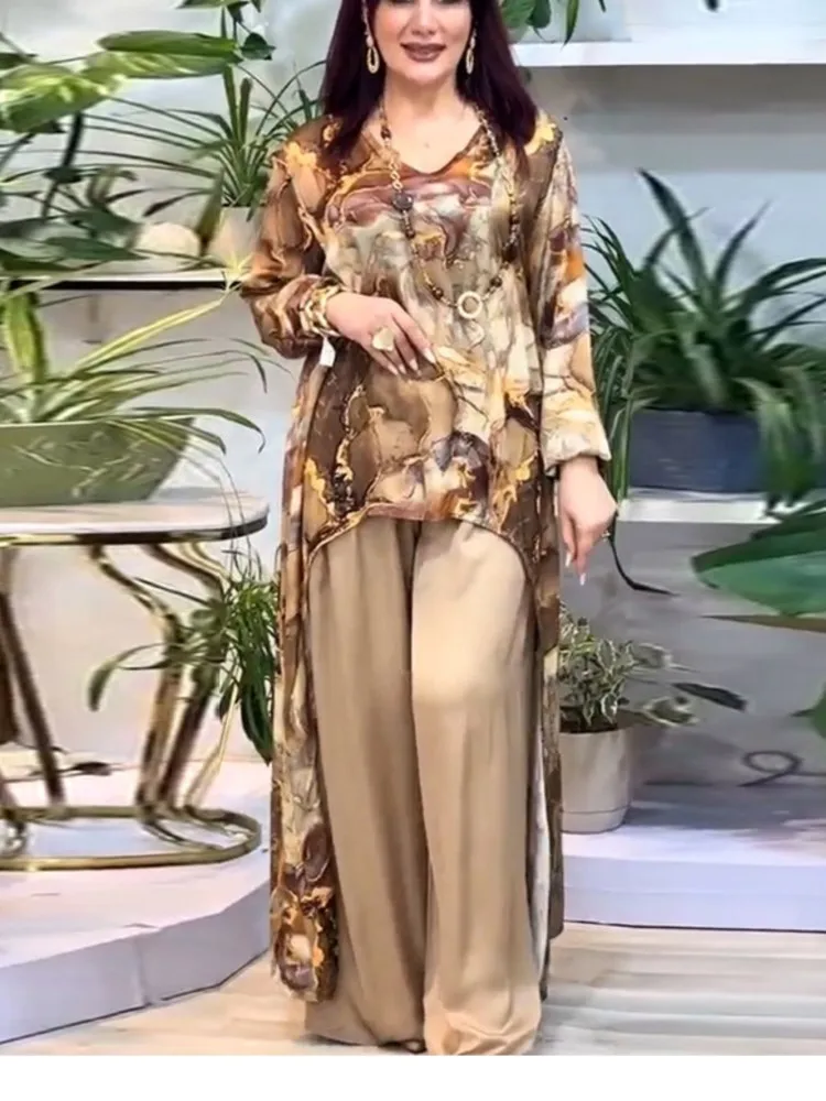 

Spring Fashion Print Shirt Top Wide-leg Pants Two-piece Set Women's Clothing Casual Loose Holiday Party Two Piece Outfits Woman