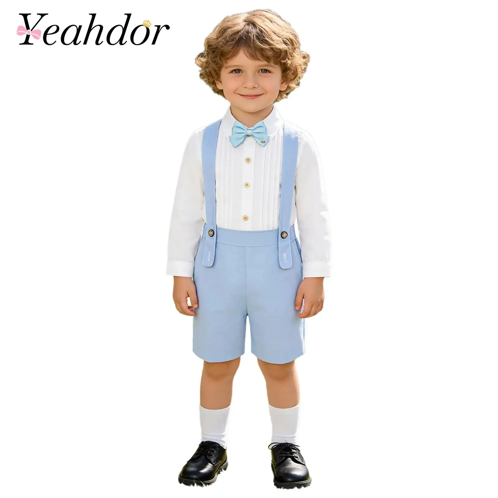 

Нарядный комплект для мальчиков: рубашка с длинным рукавом, съемный галстук-бабочка и шорты на подтяжках, 3 предмета, для свадьбы, дня рождения, вечеринки