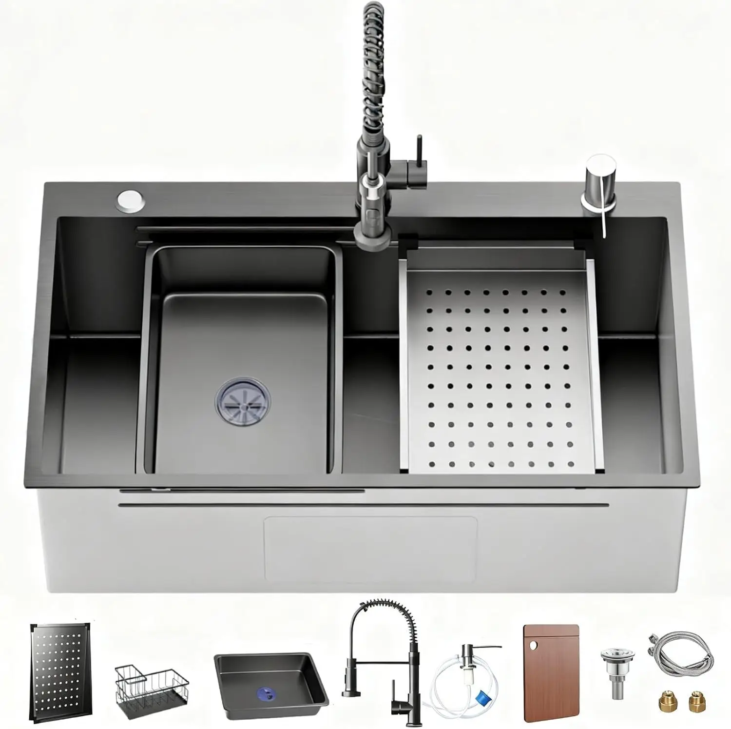 

28x18 Inch Drop In Kitchen Sink, Single Bowl Stainless Steel with Pull-Down Faucet and Accessories, Black