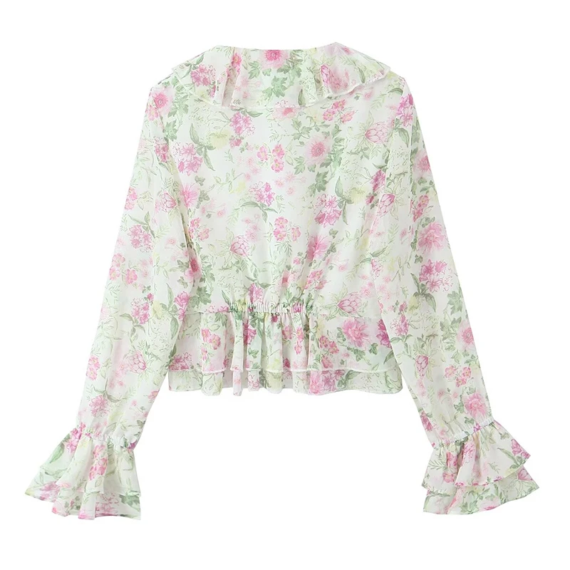 Yenkye-blusa floral romântica francesa com estampa plissada feminina, top com chiffon boho, manga comprida, decote em V, camisa de férias, verão