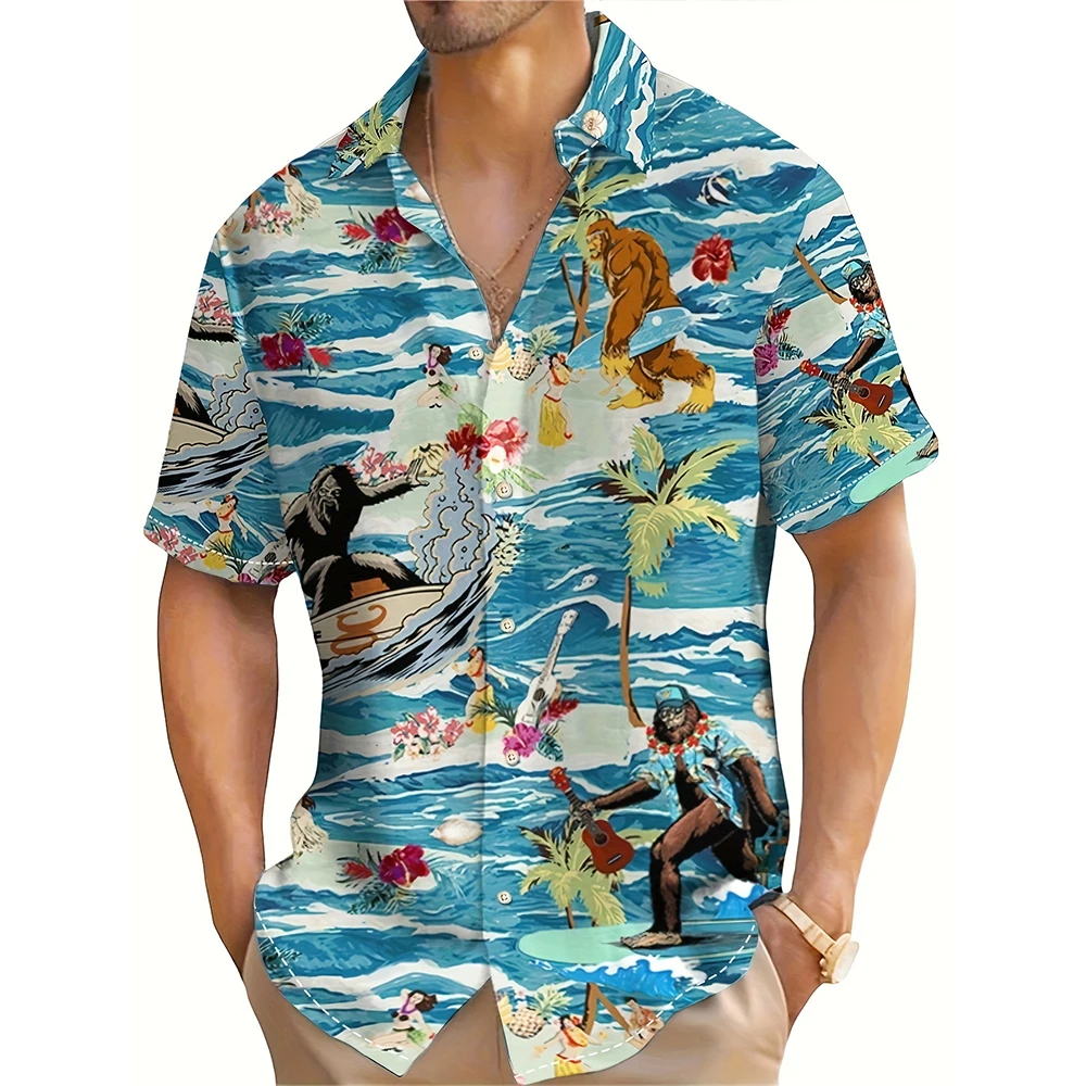 Hawaiian Style Shirts Men\'s Short Sleeve Shirts Island Gorilla Pattern Beach Party Wear Outfits Men\'s Oversized Tops