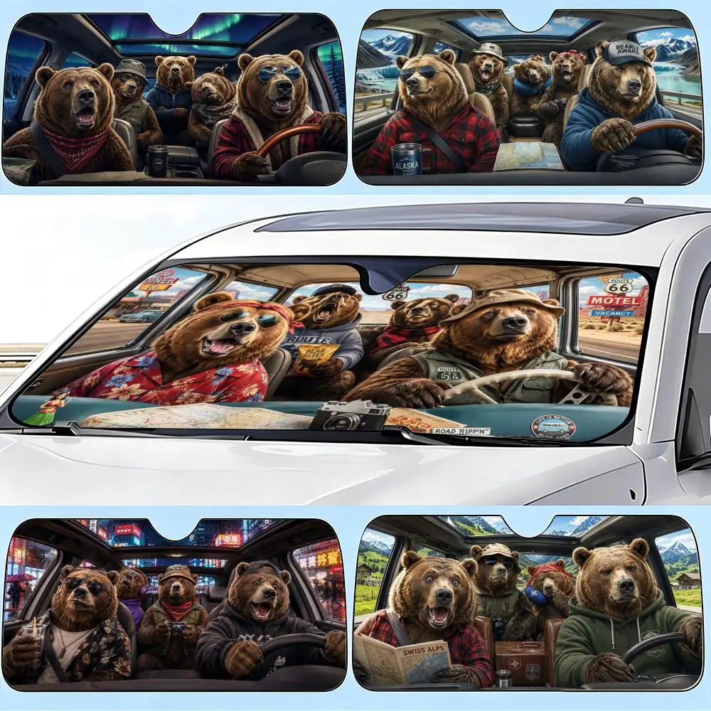 

Funny Grizzly Bear Driving Sun Visor Car Windshield Sun Shade Front Window Sunshade UV Block Heat Insulation Cover Parasol