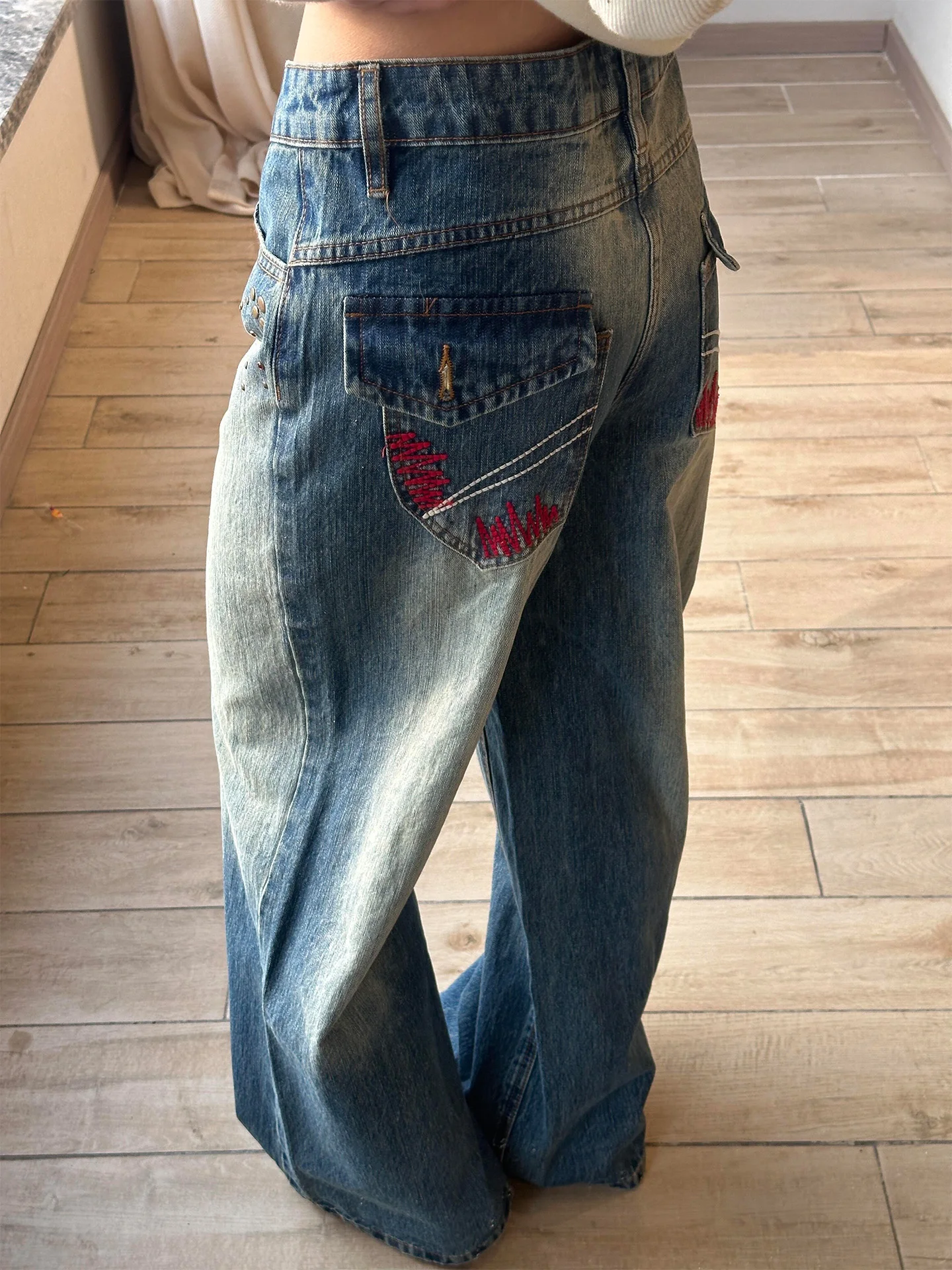 

Retro Embroidered Loose Wide Leg Jeans Women's Spring Summer New Style High Waist Knife Pocket Denim Pants Comfortable Casual