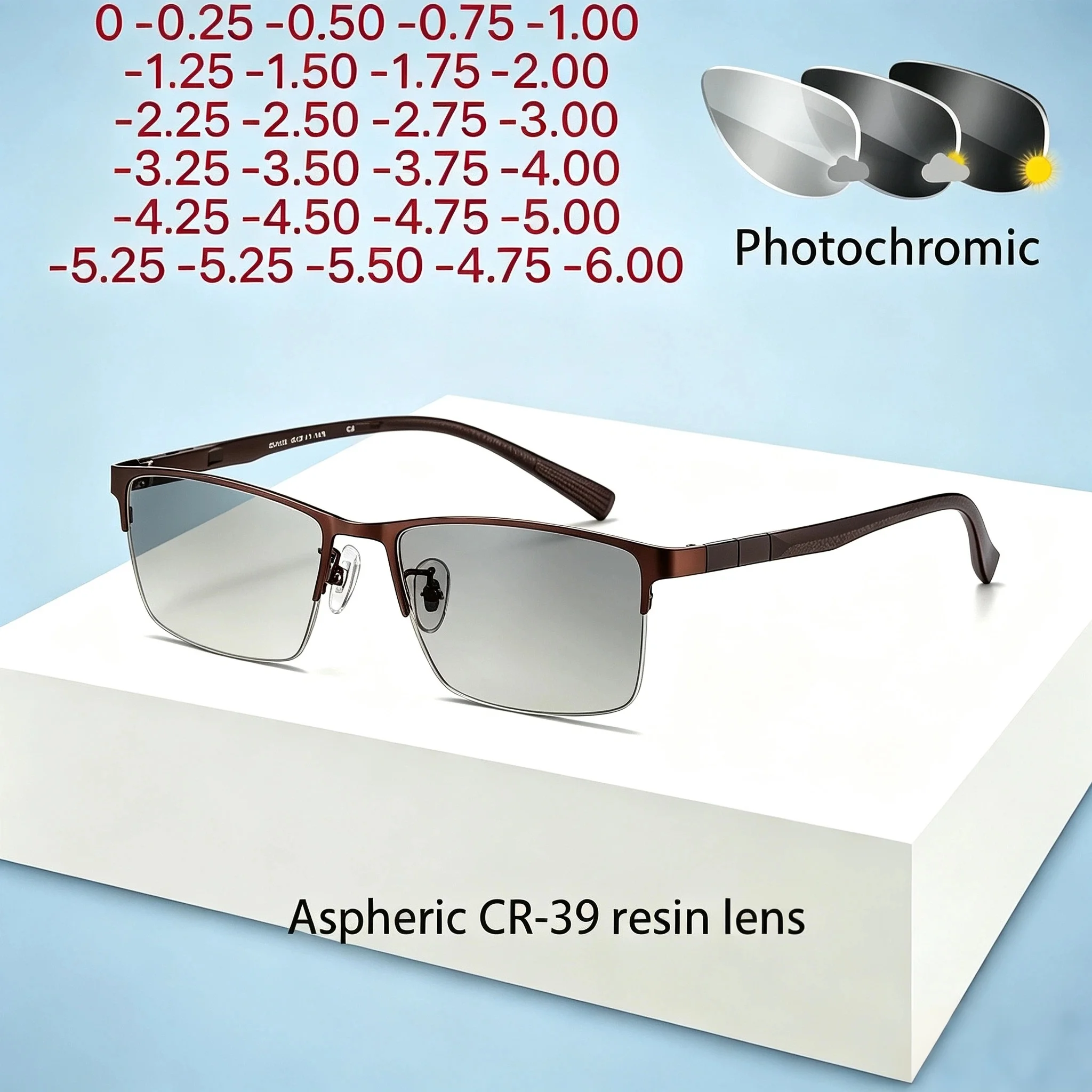 Image of Verschreibungspflichtige photochrome Myopie-Brille für Herren, Halbrahmen, farbwechselnde Metallbrille für kurzsichtige Menschen, negative Dioptrien
