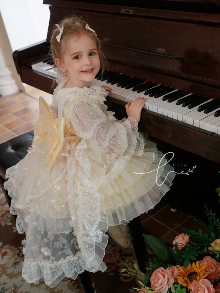 Robe de princesse Lolita faite à la main pour filles, dentelle traînante, vêtements de mariage, fleur, fête de Noël, photographie, qualité, 2 pièces