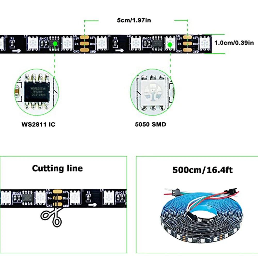 Imagem -05 - Corda de Luz Impermeável Led Dreamcolor Pixels Strip dc 12v 2811 ic 5050 Smd 30 60leds m Ip30 Ip67 5m 150 300leds