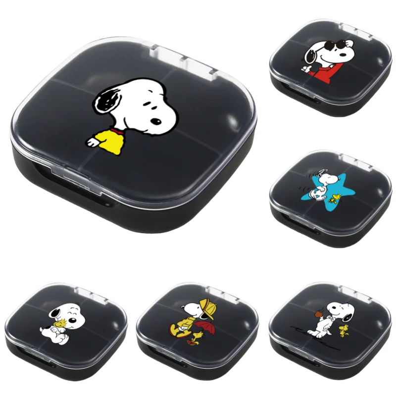 Snoopy Staubdichte tragbare 4-Quadrate Mini-Pillenverpackungsbox Niedliche Cartoon-Vitamine Kalziumtabletten mit Deckel Aufbewahrungszubehör