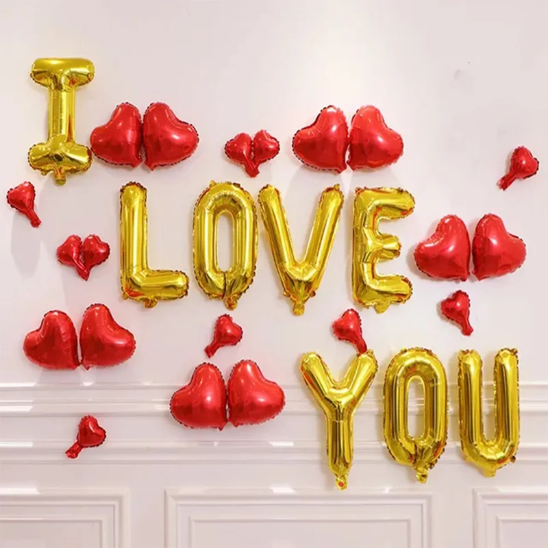 28pcs 16inch I Love You Letter Foil Balloons Set Red Pink Heart Air Globos Valentine's Day Gifts Wedding Decoration Supplies