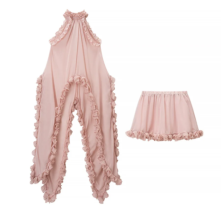 

2025 летний женский комплект с юбкой в праздничном стиле, богемный пляжный повседневный комплект, жилет с нерегулярными рюшами + мини-юбка, комплект из 2 предметов