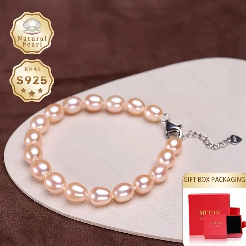 

Mufan Jewelry Natural 7-8mm Freshwater Pearl Bracelet for Women Fashionable S925 Silver Handbag Accessory Gift Box Included