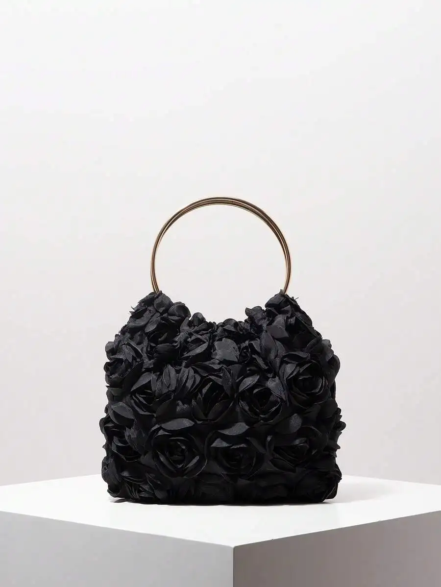 

Black Floral 3D Rose Embellished Top-Handle Evening Bag with Gold Ring Handle